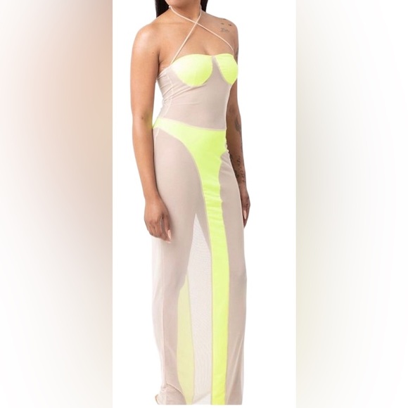 C.BRIDGETT Sexy Neon Yellow & Nude Sheer Mesh Color Block Halter Dress Cover Up - Picture 2 of 14